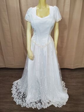 Mary's Bridal White Lace-Embellished Satin Wedding Gown